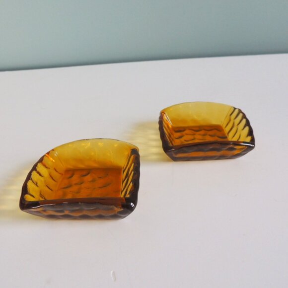 Set of (2) Amber Glass Square Salt Cellar Dishes - Picture 1 of 5